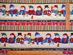 Christmas Fabric 1 Yard Snowman Stripe Cream Red Gold Blk Premium Cotton #30 Vtg