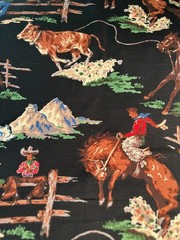 Fabric – Rare Vintage “ROUNDUP” Cowboy By MODA BARKCLOTH Black BTY 36” L x 54″ W