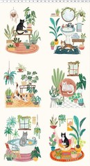 HOMEBODIES CAT and Plant fabric PANEL Clothworks Y4662-2 Light Cream Mary Urban