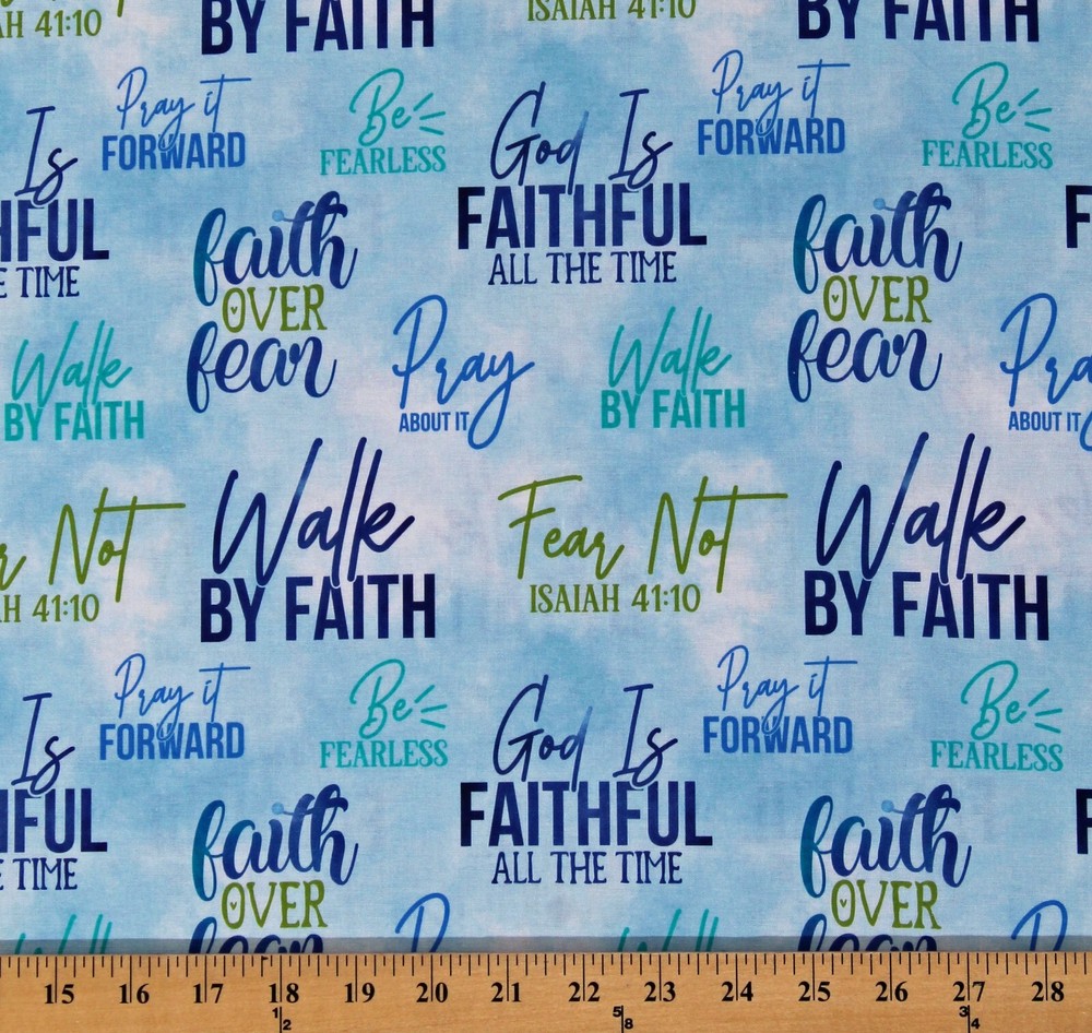Cotton Walk By Faith Bible Verses Prayer Blue Fabric Print by the Yard D758.55