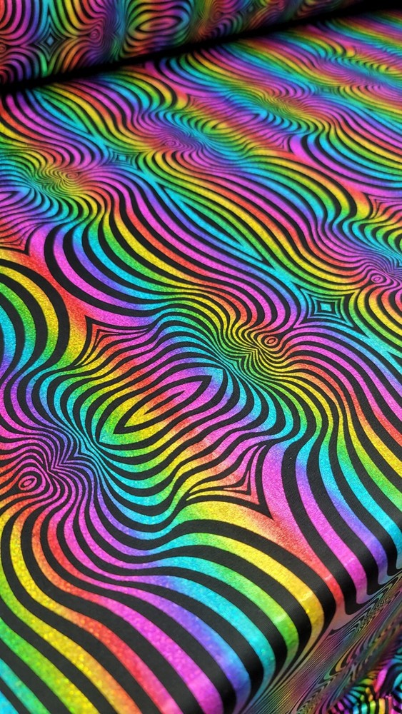Fabric Sold By The Yard Multicolor Geometric Rainbow Blue Pink Black Background