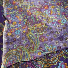 Paisley print Fabric Remnant New dark purple w/colored Flowers cotton 1 yard