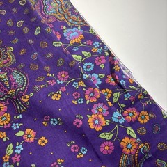 Paisley print Fabric Remnant New dark purple w/colored Flowers cotton 1 yard