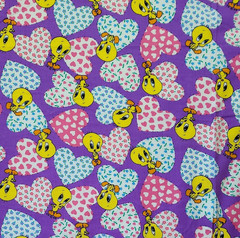 Vtg 1994 Tweety Bird Hearts Purple Fabric Warner Bros Lovables Novelty BTY x 45″