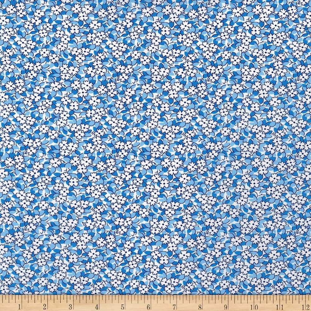 Cotton Lawn Batiste Baskets of Blooms Flowers Blue Fabric Print by Yard D152.34