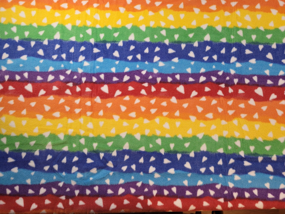 Anti pill Plush Fleece fabric solid rainbow colored stripes w/hearts 1 yd x 59″