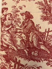 VTG Waverly Country Life Weekend Red Beige Toile Fabric 1 Yard 57 X 42 Pastoral