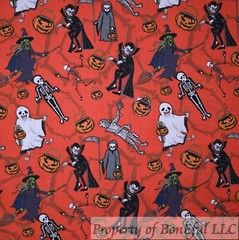 BonEFul FQ Cotton Quilt Red Orange Pumpkin Black Witch Dracula Halloween Scenic