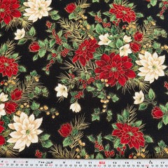 Timeless Treasures Metallic Poinsettias on Black Cotton Fabric by the HALF YARD
