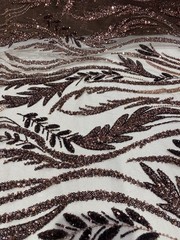 Brown Beaded Leaf Vine Lace Fabric – Luxury Glitter Tulle Embroidery Couture