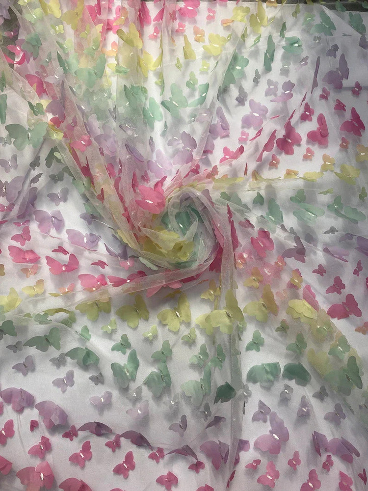 Rainbow Taffeta 3D Butterfly sheer 58″ Wide Bridal gown fabric by the yard
