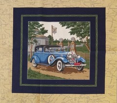 Vintage~Cranston ~”Blue Antique Automobile”~ Cotton Fabric Panel ~ 13.5″x13.5″