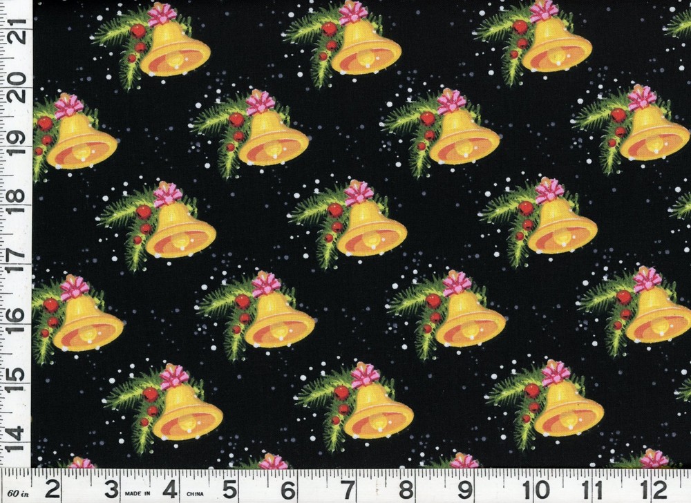 Golden Bells Holly Snow on Black Christmas Quilting Sewing Fabric by Yard #3258