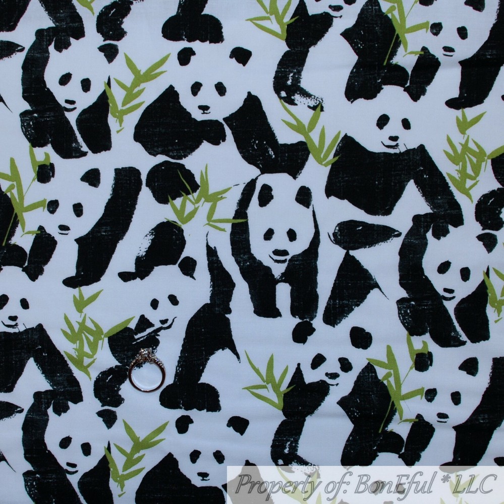 BonEful FABRIC FQ Cotton Quilt White Black B&W Panda Bear China Asian Animal Zoo