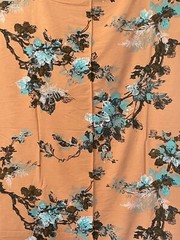 Vtg Nubby Rayon Barkcloth? 50s 60s Drapery Fabric Flowers Retro Aqua, Sherbet 2Y
