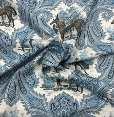 P KAUFMANN JOCKEY CLUB SAPPHIRE BLUE HORSE TOILE MULTIUSE FABRIC BY YARD 54″W