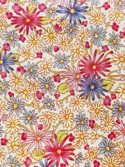 Fresh Pink Flowers Periwinkle Tan Blossoms Buds on White R Kaufman Fabric 2.25Y