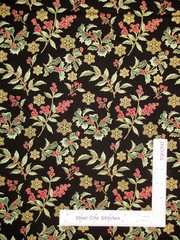 Christmas Holly Festive Chickadees Black Gold Cotton Fabric Benartex By Yard