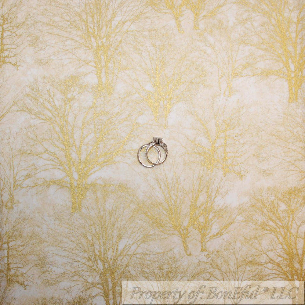BonEful Fabric FQ Cotton Quilt White Winter Xmas Tree Forest Gold Metallic BOHO