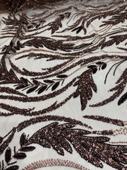 Brown Beaded Leaf Vine Lace Fabric – Luxury Glitter Tulle Embroidery Couture