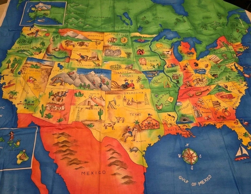 Fabric United States Map 1 Yard Green Colorful Unique