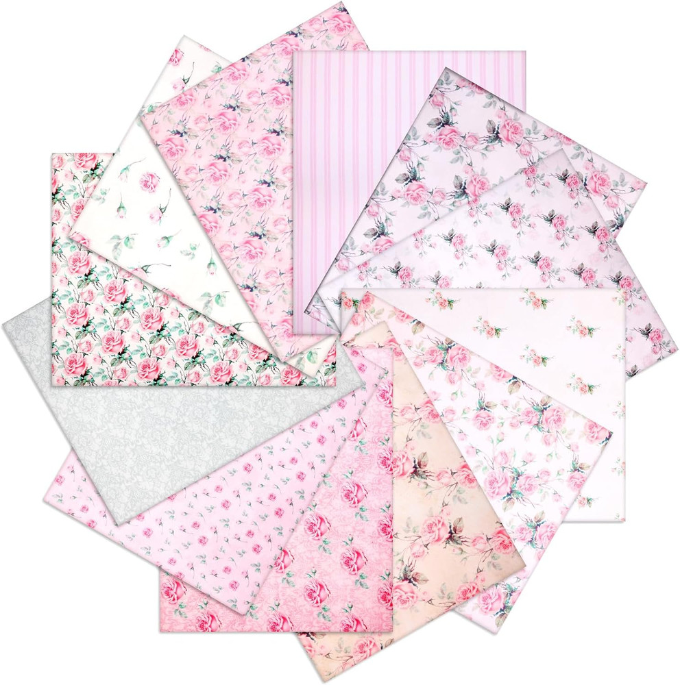 12pcs Pink Rose Cotton Fabric Bundle 18×22 Inch Quilting Fat Quarters DIY Crafts