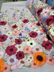 Multicolor Embroidery 3d Floral Lace Fabric By The Yard Lavender Mesh For Dress