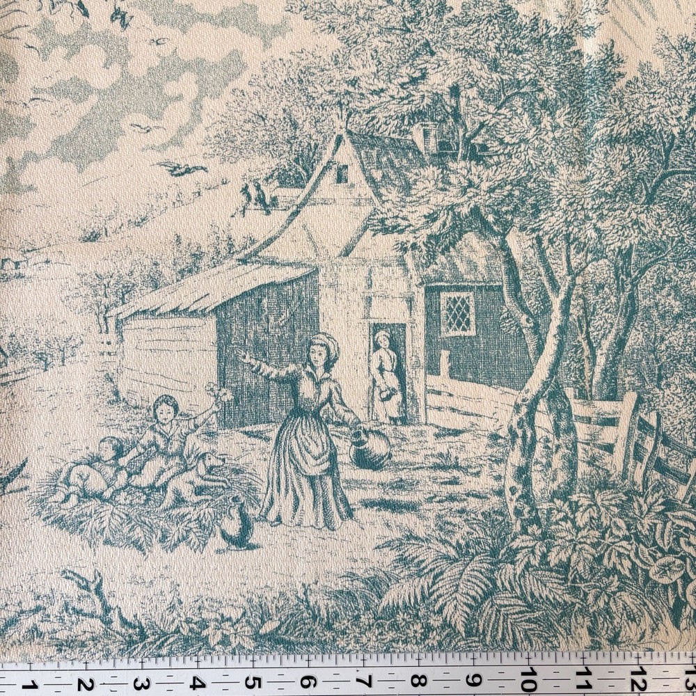 Woven In Time Toile Bark Cloth Fabric Teal Blue Country Side Remnant 24”x44”