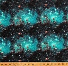 Cotton Outer Space Nebula Galaxy Stars Teal Fabric Print by the Yard D776.81