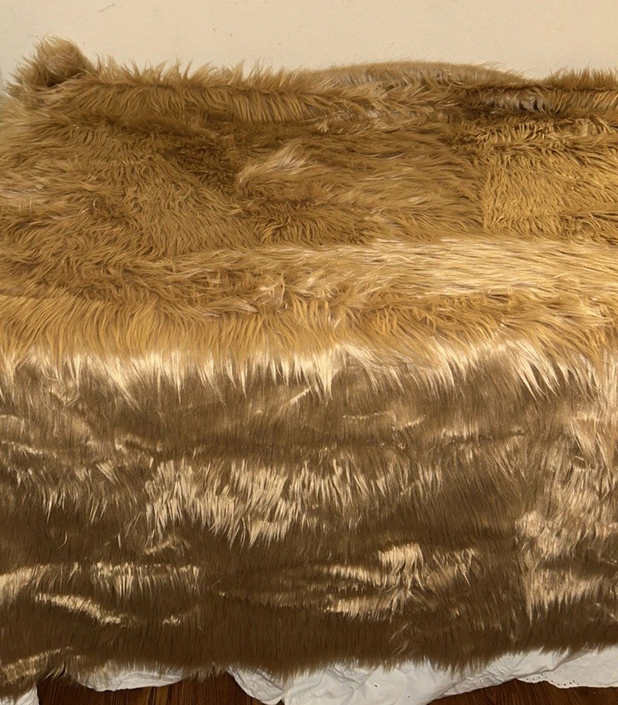 Golden Brown Faux Fur Fabric Remnant Uneven Cut Shaggy Long Pile 65″x55″