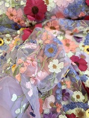 Multicolor Embroidery 3d Floral Lace Fabric By The Yard Lavender Mesh For Dress