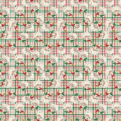 RETRO VINTAGE CHRISTMAS SANTA HEADS TARTAN DANCING SANTAS 3 WISHES FABRIC 1/2 YD