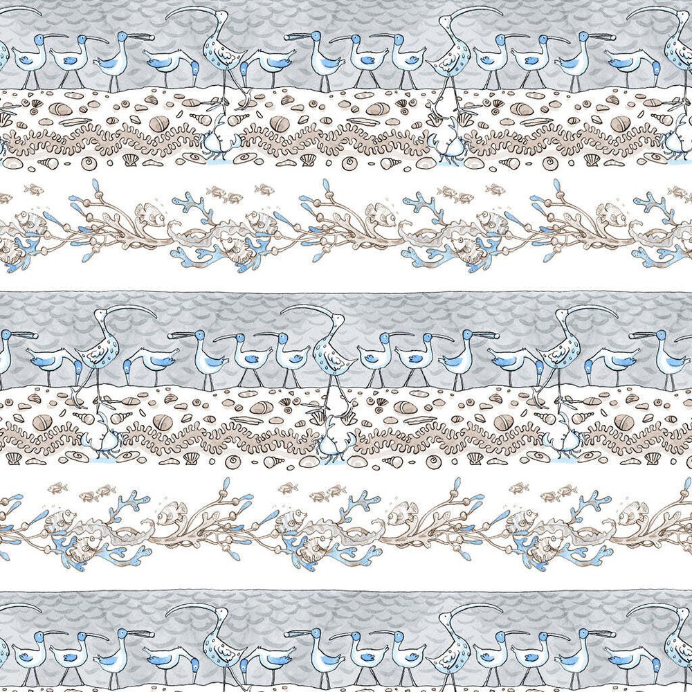 Sandy Toes – Pictorial Stripe Taupe by Anita Jeram for Clothworks – 1/2 yard