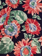 Unbranded Vintage Cotton Fabric Red Floral On Dark Blue Background BTY X 44”