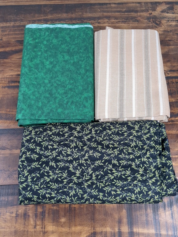Lot of Fabric, Leaves and Stripes, greens and brown, 3lb 7oz