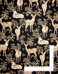 Christmas Deer Holly Black Gold Fabric By The Yard Winter Pines Cotton Benartex
