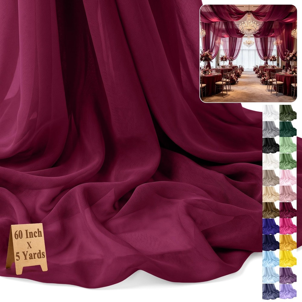 Soft Sheer Chiffon Fabric By The Yard 60″x5 Yards Wedding Arch Burgundy