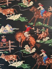 Fabric – Rare Vintage “ROUNDUP” Cowboy By MODA BARKCLOTH Black BTY 36” L x 54″ W