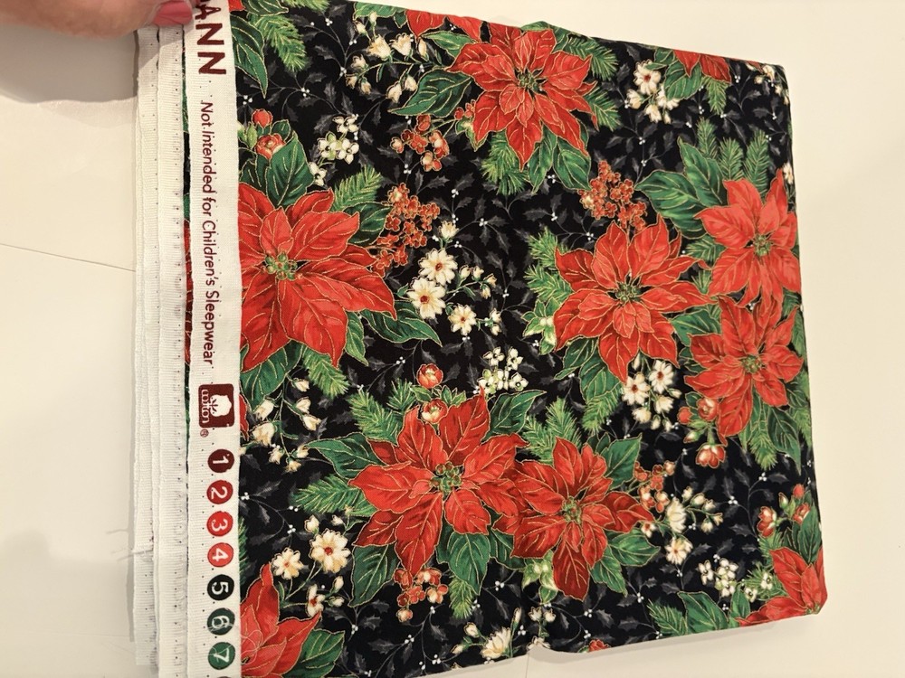 Christmas Fabric Red Poinsettias W Gold Metallic Accents Black Background 2 Yds