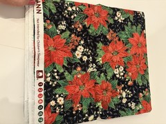 Christmas Fabric Red Poinsettias W Gold Metallic Accents Black Background 2 Yds