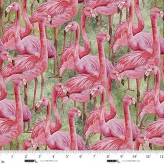 Cotton Flamingo Fling Flamingos Birds Animals Green Fabric Print by Yard D584.76