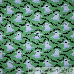 BonEful Fabric FQ Cotton Quilt Green White Black Bat Ghost Halloween Print SALE