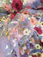 Multicolor Embroidery 3d Floral Lace Fabric By The Yard Lavender Mesh For Dress