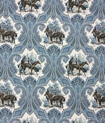 P KAUFMANN JOCKEY CLUB SAPPHIRE BLUE HORSE TOILE MULTIUSE FABRIC BY YARD 54″W