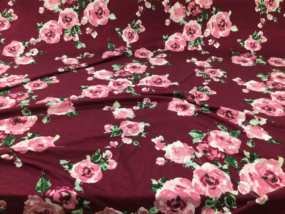 Printed Rayon Spandex 4 way Stretch Apparel Fabric Burgundy Mauve Floral H201