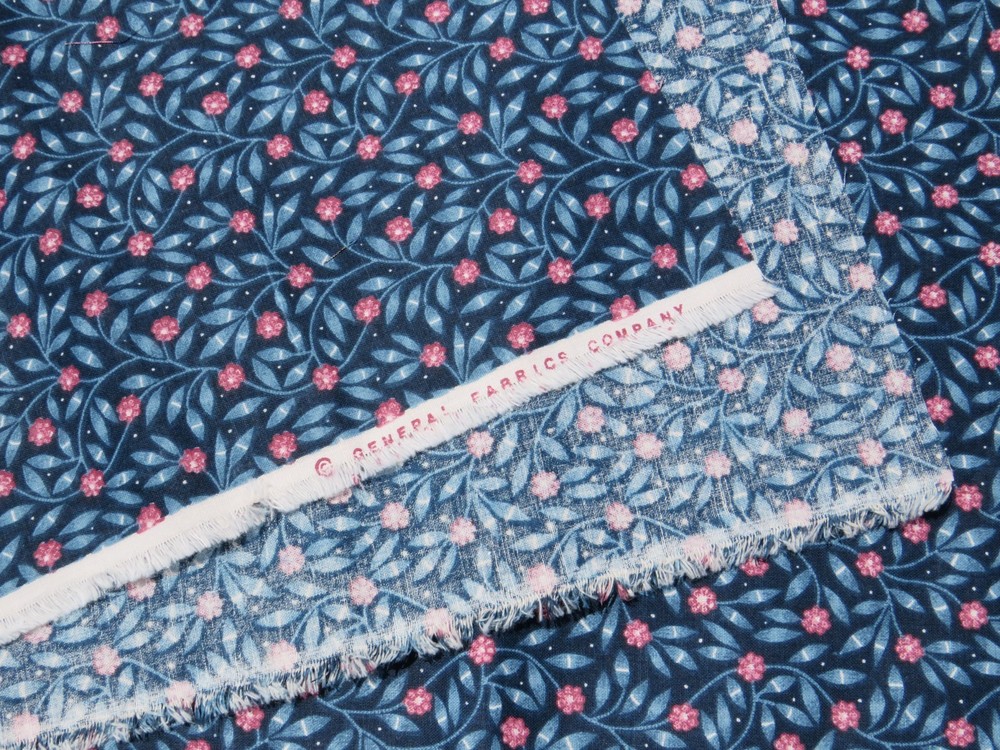27″ X 44″ Cotton Fabric Vintage General Fabrics Company Navy Blue / Pink Flowers