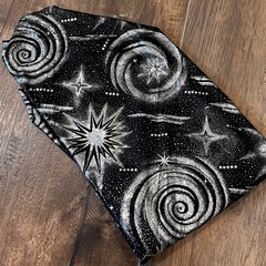 90s Y2K Silver Metallic Cosmic Swirls Black Synthetic Semi-Sheer Fabric Dance