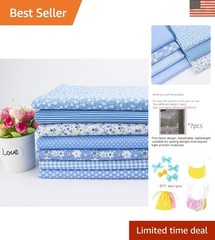 7-Piece Blue Floral Cotton Fabric Fat Quarter Bundles for DIY Quilting Projects