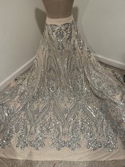 Nude Silver 4way stretch sequin Lace fabric 50” Width Sold By The Yard
