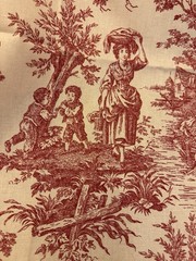 VTG Waverly Country Life Weekend Red Beige Toile Fabric 1 Yard 57 X 42 Pastoral